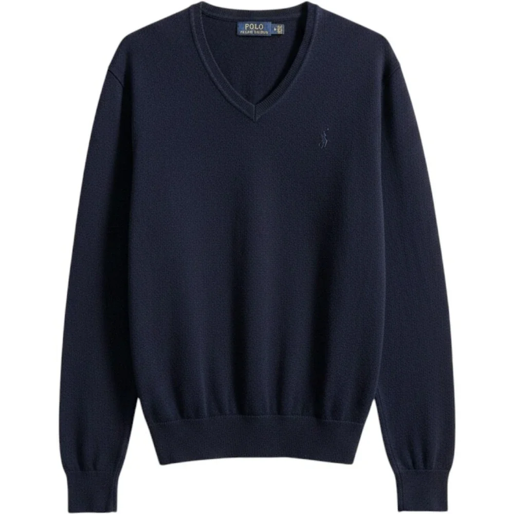 Polo Ralph Lauren V-Neck Navy Blue Washable Merino‎ Wool Sweater Mens M Preppy